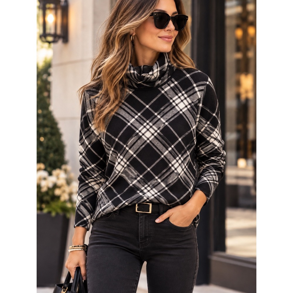 Talbots Merino Wool Turtleneck Sweater Black Cream Plaid Made in Italy Size L
